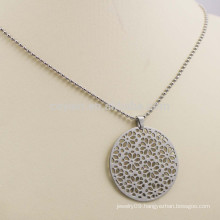 Hollow Out Flower Pattern Silver Plated Metal Round Pendant Necklace
